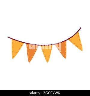 Carino cartoon giallo arancio bandiera per la vendemmia vacanza. Ghirlanda tradizionale di bandiere triangolari. Decorazioni per la casa festosa per il Ringraziamento. Elemento, ritaglio Illustrazione Vettoriale