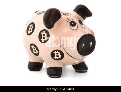 Piggy Bitcoin cripto cashbox isolato su sfondo bianco Foto Stock