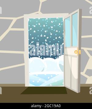 Sportello aperto. Stile semplice e piatto. Vista interna dalla camera della casa. Muro di pietra. Apri. Cartoon carino fiaba design. Sfondo immagine Illustrazione Vettoriale