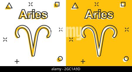 Vector cartoon aries zodiac icona in stile fumetto. Il segno astrologico illustrazione pittogramma. Oroscopo ariete business effetto splash concept. Illustrazione Vettoriale