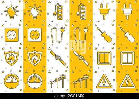 Icone vettoriali per l'elettricità dei cartoni animati in stile fumetto. Pittogramma di illustrazione di segno dell'elettricista. Concetto di effetto splash aziendale con tecnologia di tensione. Illustrazione Vettoriale