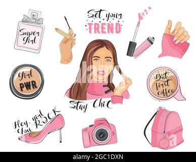 Collezione moda ragazza glam. Illustrazione vettoriale. Illustrazione Vettoriale