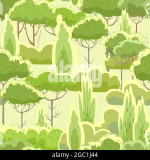 Campagna estate bellissimo paesaggio. Ripetizione senza giunture. Stile cartone animato. Alberi e arbusti. Bellezza romantica. Sfondo. Illustrazione del design piatto. Arte vettoriale Illustrazione Vettoriale