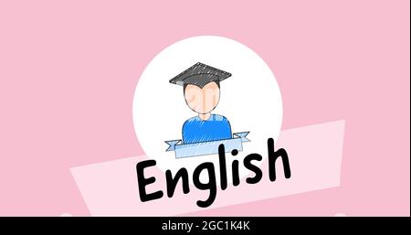 Immagine del testo inglese sull'icona digitale della scuola su sfondo rosa Foto Stock