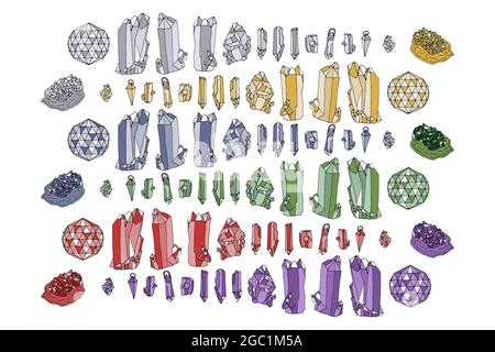 Fascio di molti colorati cristalli disegnati a mano linea artistica e gemme isolate su bianco Illustrazione Vettoriale