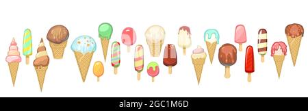 Gelato in un cono di cialda, schioccato su un bastone. Prodotto caseario dolce estivo. Raccolta. Latte, cioccolato e frutta. Isolato su sfondo bianco Illustrazione Vettoriale