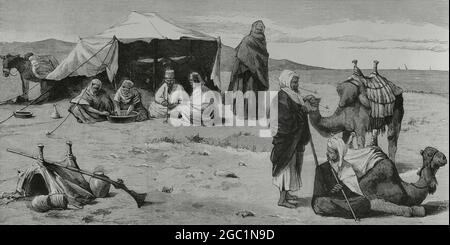 Egitto. Tenda beduina nel deserto. Incisione di Rico. La Ilustración Española y americana, 1882. Foto Stock