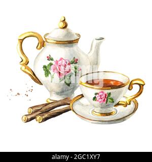 Teiera, tazza di tè e liquirizia. Illustrazione di acquerello disegnata a mano isolata su sfondo bianco Foto Stock