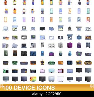 set di 100 icone dispositivo. Immagine cartoon di 100 icone di dispositivo vettore impostato isolato su sfondo bianco Illustrazione Vettoriale