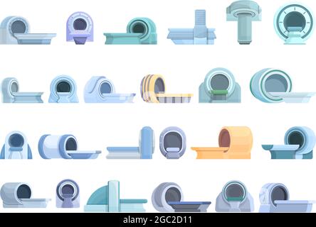 Le icone di tomografia a risonanza magnetica impostano il vettore cartoon. Scansione TC. Radiologia medica Illustrazione Vettoriale