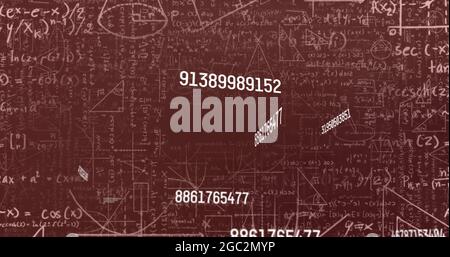 Immagine digitale di più numeri che cambiano rispetto alle equazioni matematiche e ai diagrammi fluttuanti Foto Stock