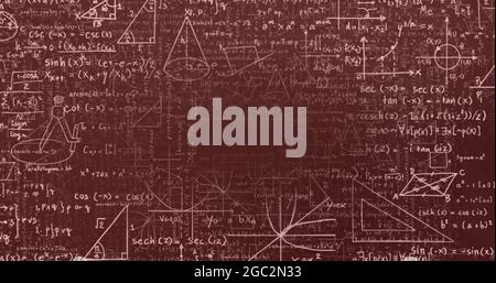 Immagine digitale di più numeri che cambiano rispetto alle equazioni matematiche e ai diagrammi fluttuanti Foto Stock