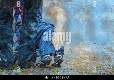 Pittura digitale ad acquerello di un cane vestito con tute e stivali. Piccolo animale domestico rosso dai capelli lunghi che cammina all'esterno con un uomo. Vista posteriore. Arte contemporanea Foto Stock