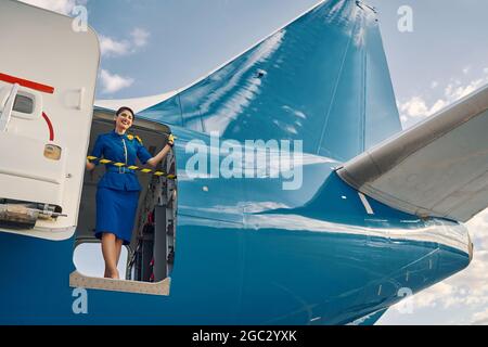 Gioioso abbastanza scuro-capelli stewardess in piedi nella porta aperta dell'aereo Foto Stock