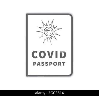COVID-19 passaporto di vaccinazione con virus semplice icona su bianco Illustrazione Vettoriale
