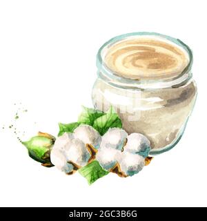 Crema con estratti di cotone. Vaso e una pianta. Illustrazione disegnata a mano con acquerello Foto Stock