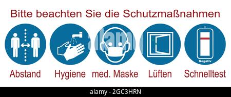 Cartelli informativi con misure di protezione contro Covid-19. Testo in tedesco: Si prega di notare le misure di protezione. Distanza, igiene, med. Maschera, ventilazione Illustrazione Vettoriale