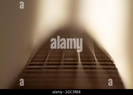 Dettaglio closeup di corde di chitarra in acciaio e tasti per fare musica. Fuoco selettivo su una soglia di chitarra. Foto Stock