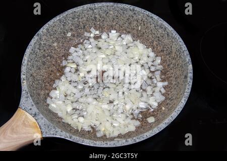 A casa su una stufa elettrica c'è una padella su cui stufato le cipolle. La cipolla tagliata a fette insieme cuocete su un grigio in una padella macchiata. Fatto in casa Foto Stock