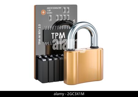 Trusted Platform Module TPM con lucchetto, rendering 3D isolato su sfondo bianco Foto Stock