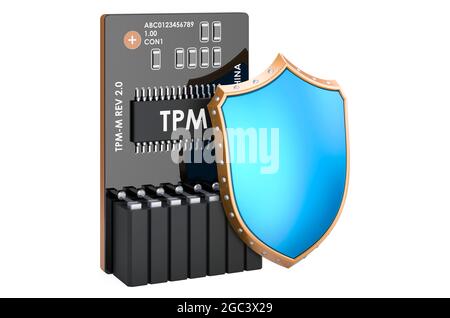 Trusted Platform Module con schermatura. Concetto di sicurezza e protezione, rendering 3D isolato su sfondo bianco Foto Stock