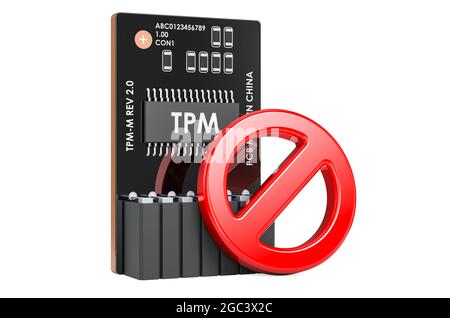 Trusted Platform Module, TPM con divieto, simbolo. Rendering 3D isolato su sfondo bianco Foto Stock