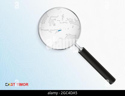 Lente di ingrandimento con mappa di Timor Est su sfondo topografico astratto. Mappa vettoriale. Illustrazione Vettoriale