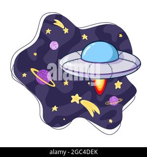 Flying Saucer in Space Cartoon Illustrazione. Astronave nell'universo. Illustrazione UFO per logo, stampa, arredamento stanza dei bambini, Web design, Banner, Volantino, adesivo, scheda Illustrazione Vettoriale