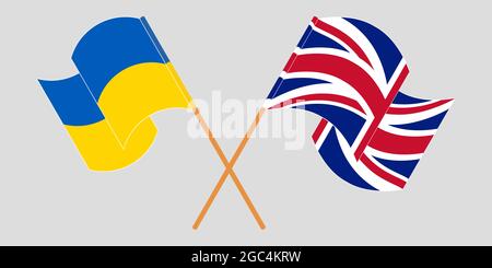 Bandiere incrociate e sventolanti dell’Ucraina e del Regno Unito Illustrazione Vettoriale