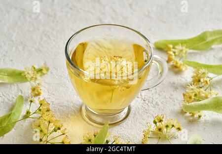 Una tazza di tè alle erbe con fiori di tiglio freschi su sfondo bianco Foto Stock