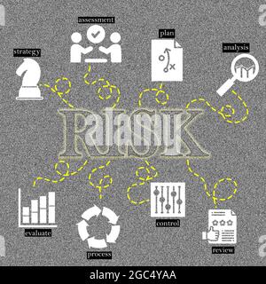 Concetto aziendale. Immagine che mostra testo, linee tratteggiate e icone su sfondo rumoroso Foto Stock
