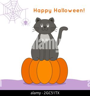 Cat cute grigio si siede su una zucca, appesa da sopra un cobweb con un ragno. L'iscrizione sulla parte superiore è Happy Halloween. Biglietto d'auguri, banner, poster in cartoon e stile piatto. Illustrazione vettoriale Illustrazione Vettoriale