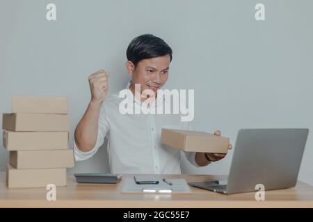 Uomo che vende in linea alle idee domestiche di piccola impresa Foto Stock