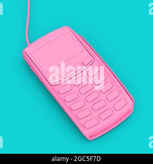 Terminale di pagamento con carta di credito rosa in stile Duotone su sfondo blu. Rendering 3d Foto Stock