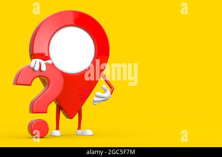 Puntatore Mappa Rosso personaggio Mascot con punto interrogativo Rosso segno su sfondo giallo. Rendering 3d Foto Stock