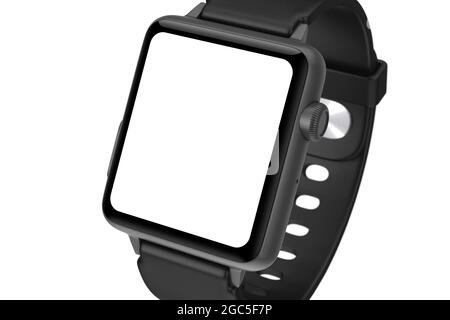 Smart Watch nero moderno Mockup e cinturino con schermo vuoto per il tuo design Chiuseup su sfondo bianco. Rendering 3d Foto Stock