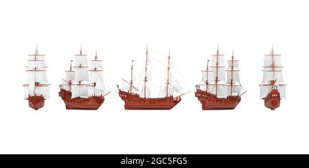 Set di nave a vela, caravello, nave pirata o nave da guerra in legno rosso con viste diverse su sfondo bianco. Rendering 3d Foto Stock