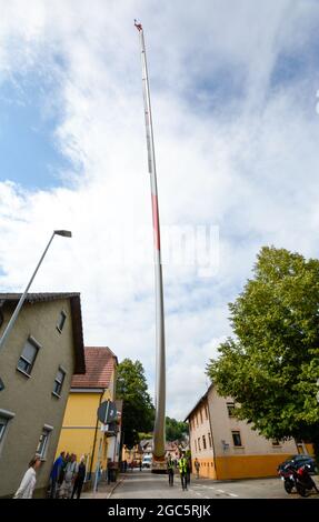 Lahr, Foresta Nera, 5 agosto 2021: Una pala del rotore (69 metri, 20 tonnellate) di una turbina eolica viene trasportata nel cantiere di Langenhard. Foto Stock