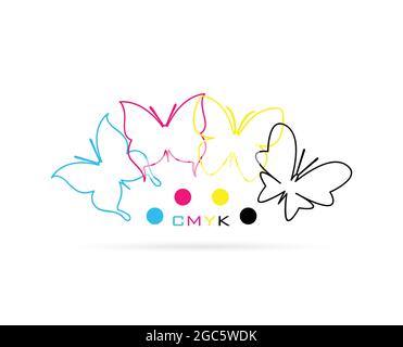 Gruppo vettoriale di cmyk color farfalla stampato su sfondo bianco. Illustrazione vettoriale a livelli facilmente modificabile. Animali. Illustrazione Vettoriale