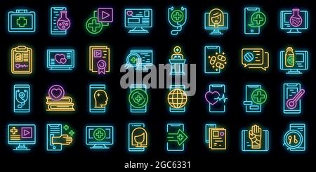 Set di icone Telemedicine. Contorno insieme di icone vettoriali di telemedicina colore neon su nero Illustrazione Vettoriale