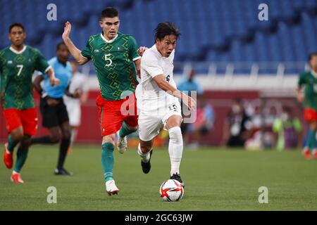 Tokyo, Giappone. 06 agosto 2021. Daichi HAYASHI (JPN), Johan VASQUEZ (MEX) durante i Giochi Olimpici di Tokyo 2020, Football Men's Bronze Medal Match tra Messico e Giappone il 6 agosto 2021 allo stadio Saitama di Saitama, Giappone - Photo Photo Photo Kishimoto / DPPI Credit: Independent Photo Agency/Alamy Live News Foto Stock