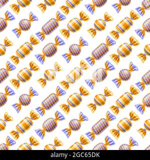 Vector Candy Seamless Pattern, sfondo a forma di caramelle a ripetizione quadrata per tessuto infantile, poster con illustrazioni ritagliate di blu e YE avvolti Illustrazione Vettoriale