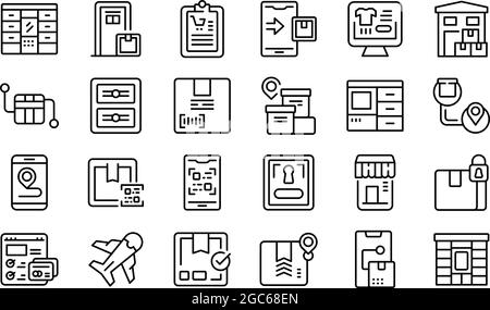 Le icone di consegna dei pacchi self-service impostano il vettore di contorno. Armadietto automatico. Stazione pacchi Illustrazione Vettoriale