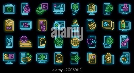 Set di icone Telemedicine. Contorno insieme di icone vettoriali di telemedicina colore neon su nero Illustrazione Vettoriale