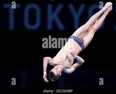 Tokyo, Giappone. 7 agosto 2021. Oleksii Sereda of Ukraine compete durante la finale maschile di 10 m di immersione ai Giochi Olimpici di Tokyo 2020, Giappone, 7 agosto 2021. Credit: Chen Jianli/Xinhua/Alamy Live News Foto Stock