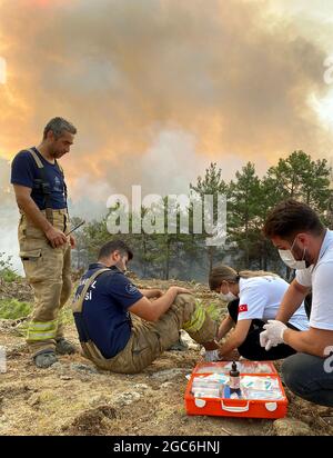 Milas, Turchia. 07 agosto 2021. IMM (Istanbul Metropolitan Municipality) squadre di lavoro che per gli incendi boschivi iniziati nel distretto di Manavgat di Antalya e intorno ai distretti di Marmaris e Bodrum di Mugla, continua il sesto giorno. Il team İBB lavora nella regione in condizioni difficili con 273 persone, 44 veicoli e attrezzature. Un team di 8 persone, tra cui 6 veterinari, è nella regione per salvare i nostri cari amici in vita e per curare i feriti. Il team Mugla Bodrum di IMM è intervenuto anche ieri negli incendi intorno alla centrale termica di Kemerkoy e il lavoro continua Foto Stock