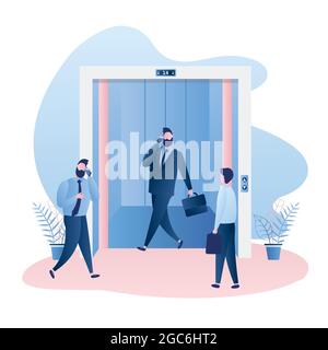 Ascensore o ascensore con porte aperte, diversi uomini d'affari in piedi e a piedi, illustrazione vettoriale di stile alla moda Illustrazione Vettoriale