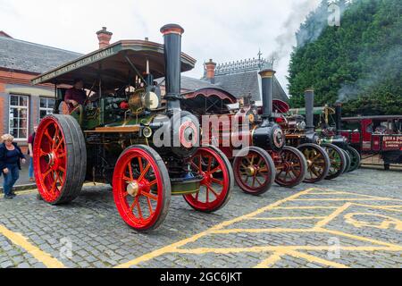 Kidderminster, Worcs, Regno Unito. 7 agosto 2021. I trattori a vapore si allineano alla Vintage Transport Extravaganza presso la stazione ferroviaria di Severn Valley, Kidderminster, Worcs. Credit: Peter Lopeman/Alamy Live News Foto Stock