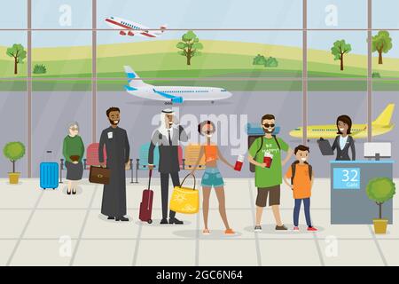 Coda di viaggiatori con bagaglio per il check-in per volo aereo. Hostess aria e personaggi diversi nella zona di partenza, Runway e aerei sul retro Illustrazione Vettoriale