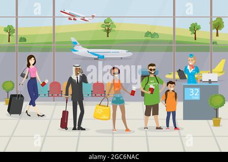 Coda di viaggiatori con bagaglio per il check-in per volo aereo. Hostess aria e personaggi diversi nella zona di partenza, Runway e aerei sul retro Illustrazione Vettoriale